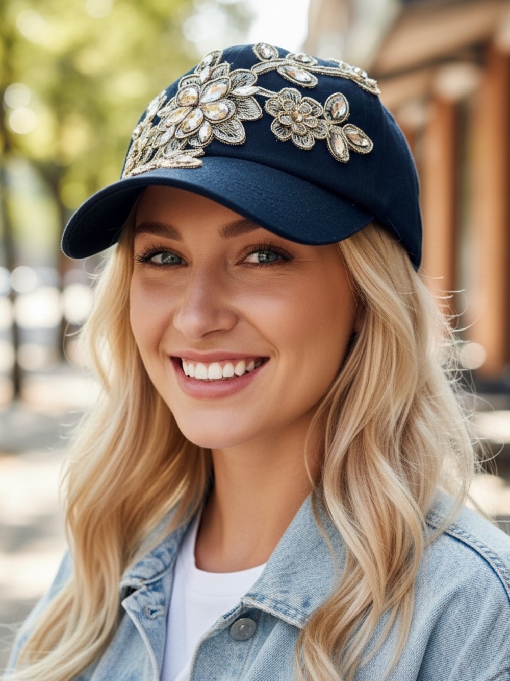 Embellished Black Cap with Floral Design w/ rhinestones.